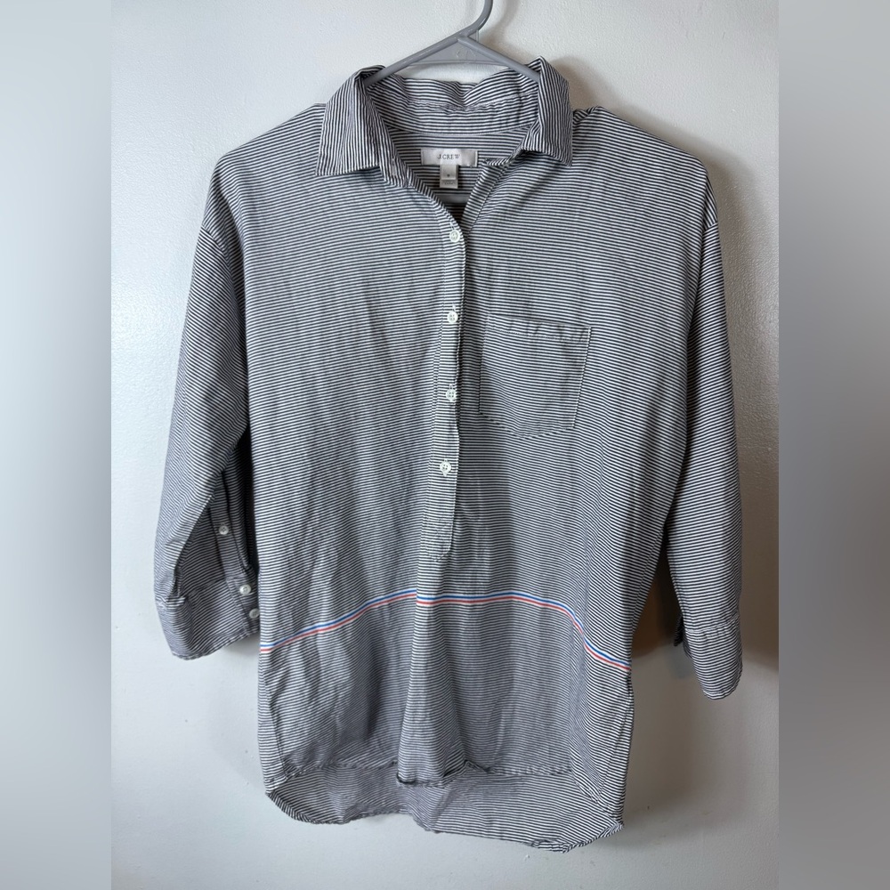 J Crew Womens Blouse Striped Size 0 Pullover 1/2 Button Up Blue‎ White Nautical
